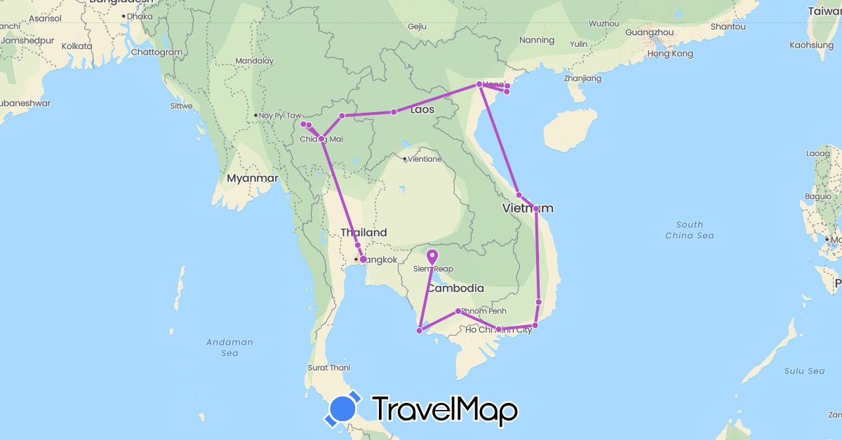 TravelMap itinerary: driving, train in Cambodia, Laos, Thailand, Vietnam (Asia)